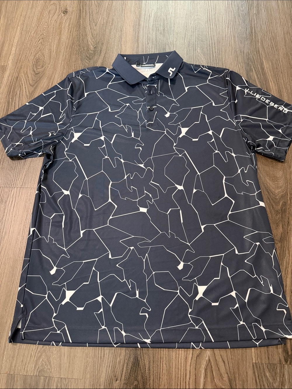 J.Lindeberg Navy Polo with White Abstract Line Print